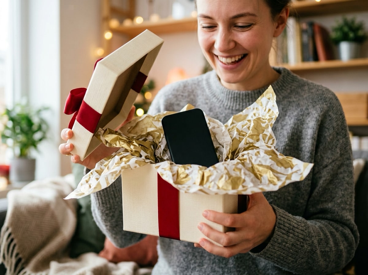 Gift box opened to reveal a fake phone, gift for someone addicted to their phone
