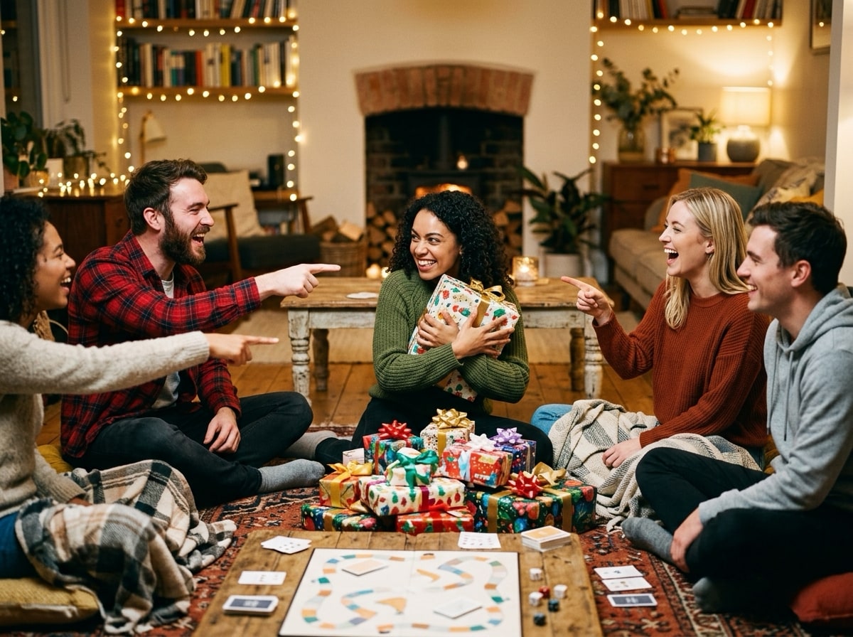 Friends laughing around a pile of wrapped gifts during a white elephant exchange, white elephant gift ideas